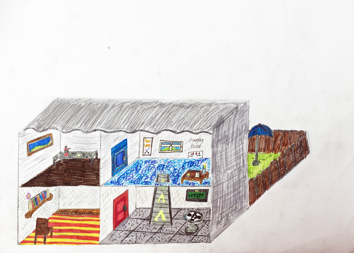 RUNNER UP - SETH, AGE 12. 
A home for R2-D2. My design contains 4 rooms and a garden. The first room is a living room with a blank wall. This is more useful than a TV to R2-D2 because he can project any film or TV show he wants to watch out of his built-in projector. Due to his shape and stature he doesn’t need to sit down. However, there is a chair in the living room in case his best friend C3PO visits. The next room along contains a hollochess board as seen in the Star Wars movies. There is also a touchscreen computer in the wall. In the middle of the room there is a conveyor belt which leads upto R2-D2 ‘s bedroom on the second floor. Even though it’s a bedroom there is no bed in the room because R2-D2 can sleep standing up. The next room along is a workshop. It is frequently mentioned in the movies that R2-D2 is an avid mechanic and engineer so this gives him a chance to enjoy his hobby. His garden has a large umbrella so he doesn’t overheat when it’s hot.Instead of making the house out of bricks I chose steel which is environmentally friendly, but suits R2-D2 better as he is made entirely of metal himself. Because R2-D2 does not need to eat or drink there is no requirement for disposable plastic food packaging in his house.